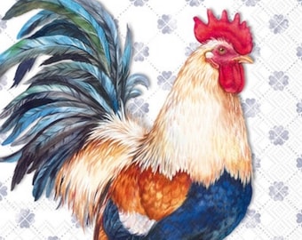 Albert Rooster Blue Luncheon Napkins 6.5x6.5 inch, Set of 20 Rooster Napkins