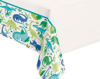 May include: White tablecloth with a border featuring a colorful dinosaur pattern. The design includes various dinosaurs in shades of blue and green, set against a white background with green foliage.