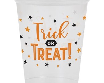 Halloween 16 oz. Clear Plastic Cups, Trick or Treat Cups, Halloween Party, Set of 8