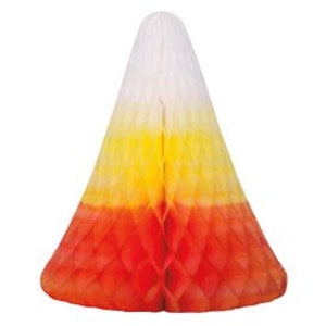 May include: A honeycomb paper decoration in the shape of a candy corn. The decoration features a gradient of colors: orange at the base, transitioning to yellow in the middle, and white at the top. The cone-shaped decoration is designed to stand upright.