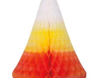 May include: A honeycomb paper decoration in the shape of a candy corn. The decoration features a gradient of colors: orange at the base, transitioning to yellow in the middle, and white at the top. The cone-shaped decoration is designed to stand upright.