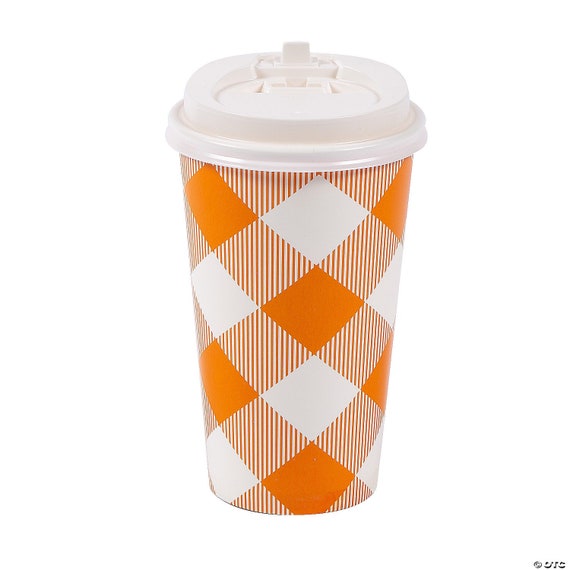 Orange and White Buffalo Plaid Insulated Cups and Lids, Fall Coffee Cups,  Set of 12 Cups and Lids 