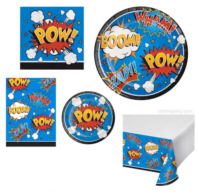 Superhero Party Superhero Decor Set of 8 Superhero Slogans Dessert Plates Superhero Themed Birthday Party
