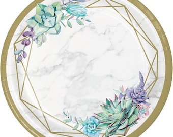 CLOSEOUT!! 50% OFF Geometric Succulents Banquet Plates, Set of 8, Succulent Party Decor, Bridal Shower and Wedding Decor 10”