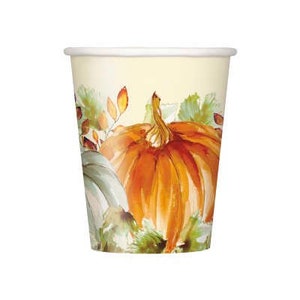 Watercolor Pumpkin Fall 9 oz. Cups, Harvest Plates, Fall Party, Autumn Plates, Thanksgiving Table, Set of 8 cups