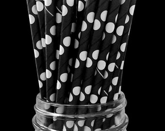 Black with White Dots Paper Straws, Pack of 24, Birthday Party Straws