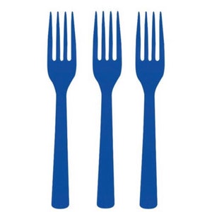 May include: Three blue forks are arranged vertically against a white background. Each fork has four tines and a long, slender handle. The forks are a solid, vibrant blue color, providing a pop of color against the white backdrop.