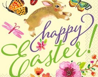 Floral Easter Bunny Beverage Napkins, Easter Napkins, Rabbit Napkins, Set of 16