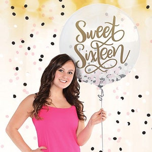 Sweet Sixteen Transparent 24” Confetti Balloon, Sweet Sixteen Party Decor