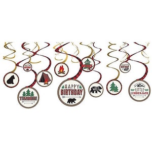 CLOSEOUT!! 50% OFF Buffalo Plaid Little Lumberjack Wild Birthday Swirl Hanging Decor, Set of 12, Buffalo Plaid Party, Little Lumberjack