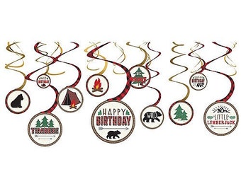 CLOSEOUT!! 50% OFF Buffalo Plaid Little Lumberjack Wild Birthday Swirl Hanging Decor, Set of 12, Buffalo Plaid Party, Little Lumberjack