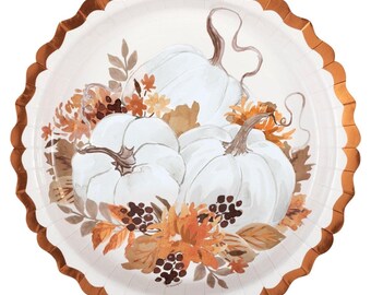 Thankful Harvest Scalloped Thanksgiving 9” Plates, Harvest Plates, Fall Party, Autumn Plates, Thanksgiving Table, Set of 8 plates