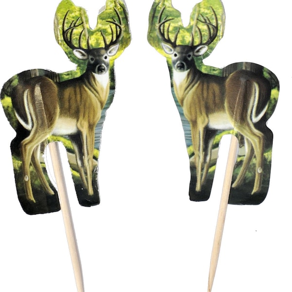 Deer Cupcake Toppers, Set of 24, Camouflage And Deer Party Picks, Retirement Party, Deer Birthday, Hunting Party