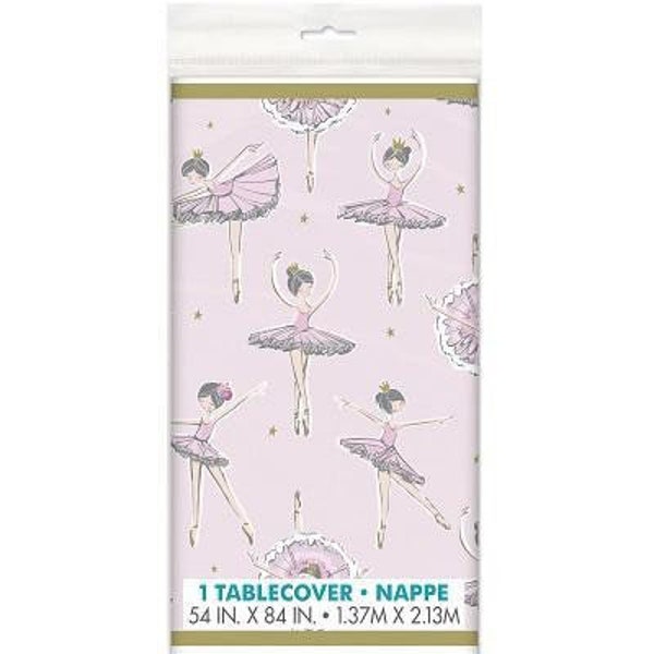 Ballerina Birthday Plastic Table Cover, Rectangular, Pink & Gold I 1 Pc. Ballerina First Birthday 54”x84”
