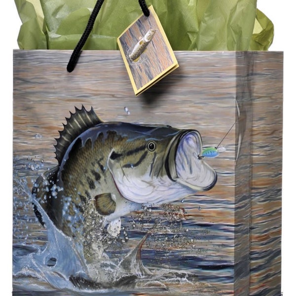 Bass Fish Medium Gift Bag with Coordinating Tissue Paper, Retirement Party, Boy Baby Shower or Birthday