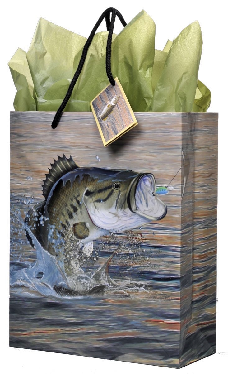 Bass Fish Medium Gift Bag With Coordinating Tissue Paper, Retirement Party,  Boy Baby Shower or Birthday 