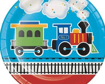 All Aboard Blue Boy’s 1st Birthday Party Paper Dinner Plates, 9”, Train Party, Train Birthday Bash