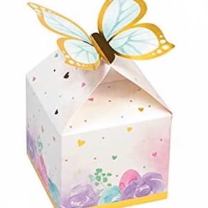 May include: A white gift box with a butterfly topper. The butterfly has gold trim and pale blue wings. The box is decorated with hearts and watercolor flowers in shades of purple, pink, and blue.
