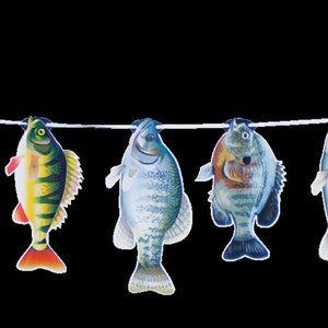 May include: A string of colorful fish cutouts hanging from a white string against a black background. The fish vary in color, including green, yellow, blue, and orange, and are designed to look like different species.