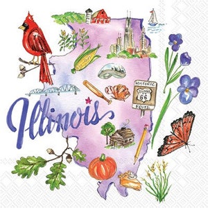 May include: Watercolor illustration of Illinois with state symbols. A red cardinal, corn, a baseball bat and glove, and a pumpkin are among the images. The word "Illinois" is written in cursive.