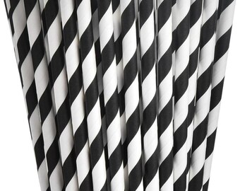 Black Striped Paper Straws, Pack of 24, Birthday Party Straws