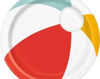 Beach Ball Poolside Dinner Plates 8ct,  9in Paper Plates, Summer Party, Pool Party
