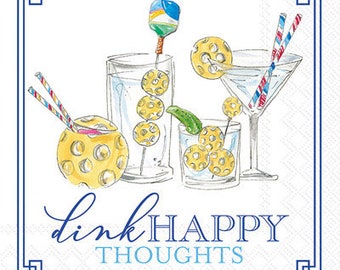 May include: Watercolor illustration of cocktails and pickleball-themed decorations. The image features a martini glass, a highball glass, and a rocks glass, each with a drink and decorative elements. The text "dink HAPPY THOUGHTS" is at the bottom.