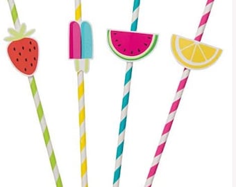 Fruit and PopSicle Paper Straws, Set of 8, Fruit Party Straws, Summer Party Decor