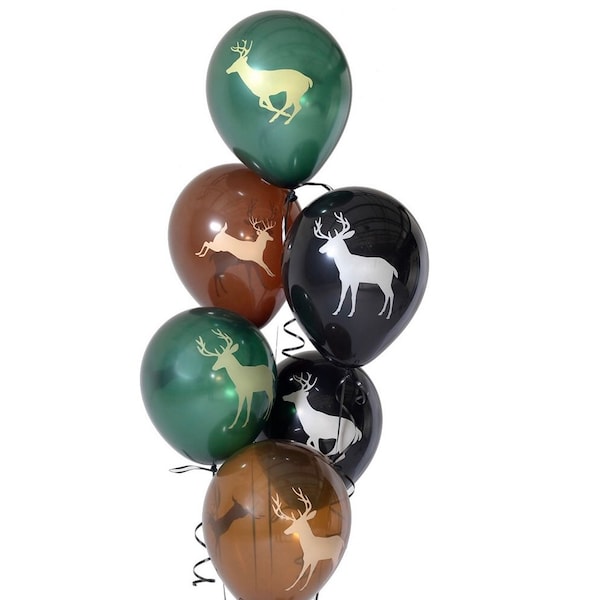 12" Buck Balloon, 2 Brown, 2 Black  and 2 Hunter Green Balloons, Gender Reveal, Boy Baby Shower