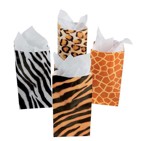 Jungle Animal Print Party Favor Bags, Set of 12, Assorted Prints, Jungle Party, Zoo Treat Bags