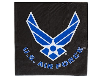 May include: Square black paper napkin with the U.S. Air Force logo in blue and white. The logo features a stylized wing design with a star in the center, and the words "U.S. AIR FORCE" are printed below.