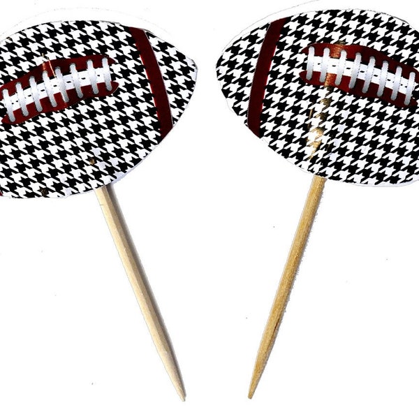 Houndstooth and Crimson Football Cupcake Toppers, Football Cupcake Toppers, Set of 24