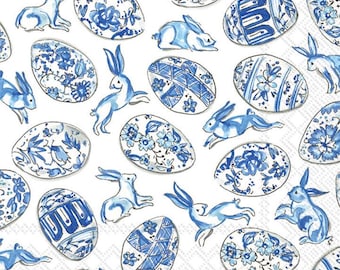 Blue and White Egg and Rabbit Cocktail Napkins, Easter Egg Napkins, Easter Party, Set of 20
