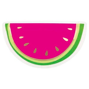 May include: A watermelon slice design with a bright pink center, green rind, and gold seeds. The design is on a white background. The watermelon slice is a fun, summery design.