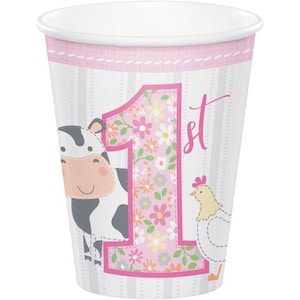 CLOSEOUT!! 50% OFF Farmhouse 1st Birthday Party Cups, Set of 8, Barnyard Party, Pink Farmhouse Party