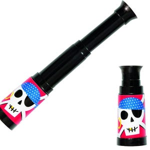 May include: Black plastic toy telescope with a pirate-themed design. The telescope features a red band with a white skull wearing a blue polka-dot bandana. A smaller, detached piece mirrors the design.