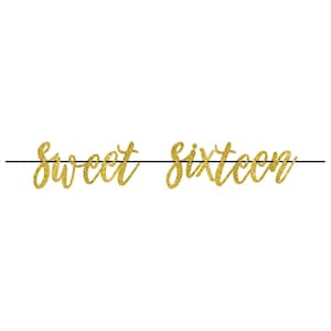 Sweet Sixteen Gold Glitter Banner, 12 feet, Sweet 16 Birthday Party