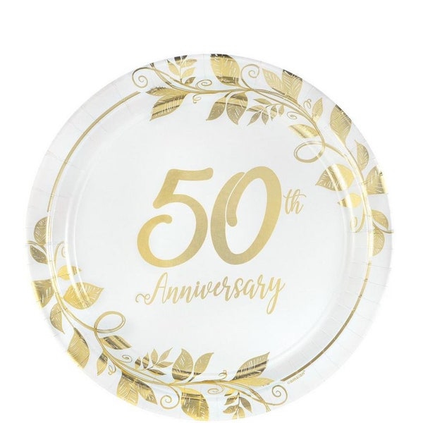 50th Anniversary 7” Paper Dessert Plates, Set of 8, 50th Anniversary Party, Golden Anniversary Decor