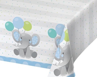 Elephant Themed Party Tablecloth 54x102, Elephant Baby Shower, Enchanting Elephants Boy Paper Tablecloth