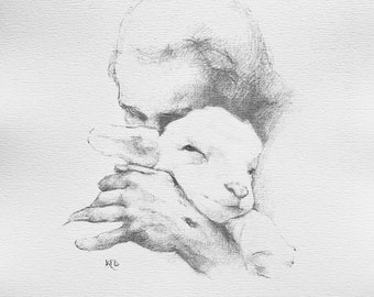 Puede incluir: Un dibujo a lápiz en blanco y negro de una persona sosteniendo un cordero en sus brazos. El rostro de la persona está oculto, pero su mano es visible sosteniendo el cordero cerca. El rostro del cordero es visible, con los ojos cerrados y la boca ligeramente abierta.