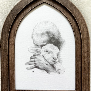 Framed 5x7 Jesus and the Lamb grey, metallic gold, or gothic wooden Frame