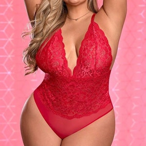 Vrouwen Plus Size Sexy Rood Kant Sheer Mesh Teddy Lingerie Babydoll Bodystocking Curvy Vrouwen Cadeau voor haar 1X-3X