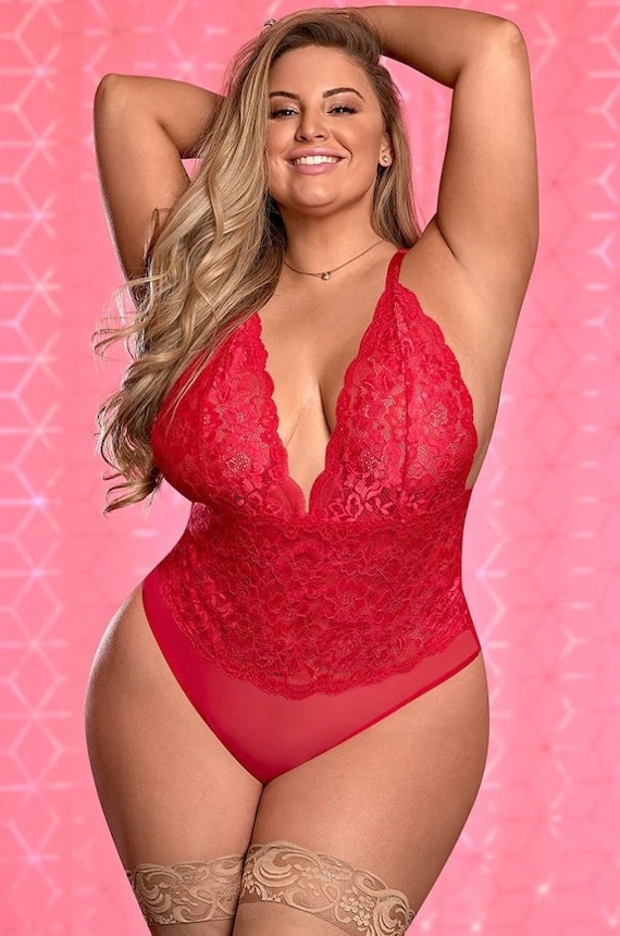 Women's Plus Size Sexy Red Lace Sheer Mesh Teddy Lingerie Babydoll