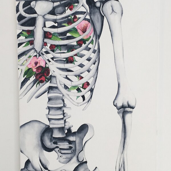 Floral Skeleton Original Art Watercolor Canvas