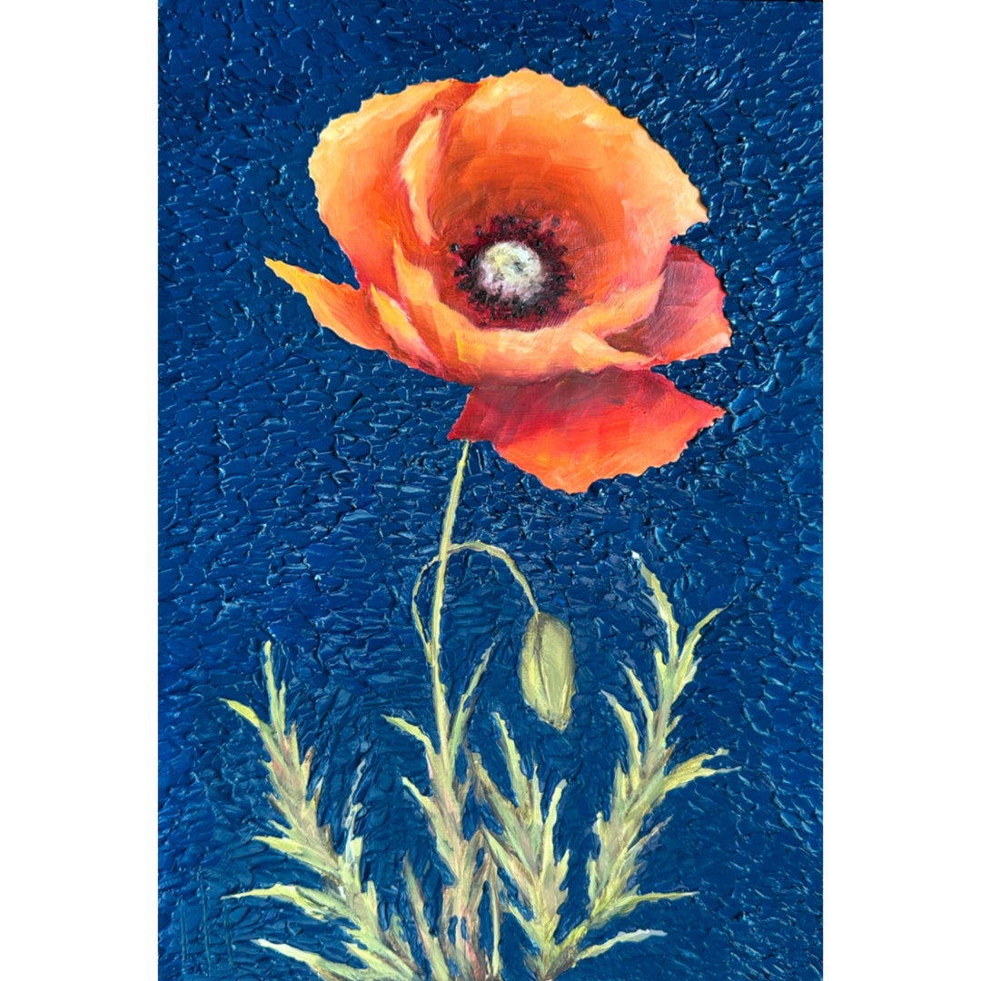 Wyoming Orange Red Poppy Painting Blue Artwork Original Impasto 3D Oil ...