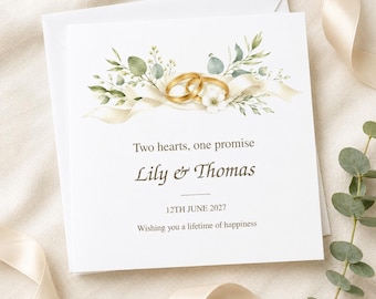 Personalised Wedding Day Card | Gold Rings & Eucalyptus Design | Any Names and Date | Congratulations Card for Newlyweds