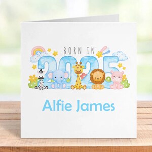 Carte personnalisée pour nouveau-né, née en 2025, thème des animaux de la jungle, carte souvenir de bébé personnalisée, cadeau unique pour nouveau-né, élégant et mignon