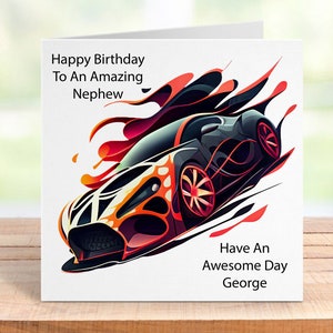 Personalisierte Rennwagen-Geburtstagskarte, maßgeschneidertes Rennwagen-Design, ideales Geschenk für Autobegeisterte