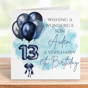 Biglietto di auguri personalizzato per il 13° compleanno di un ragazzo, ricordo personalizzato a tema palloncino per adolescenti, biglietto di auguri per ragazzo adolescente