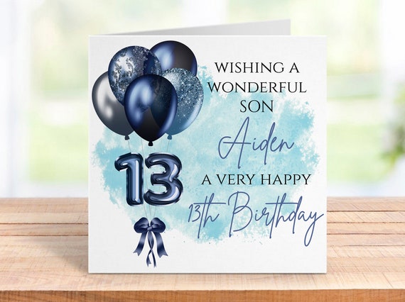 Personalised 13th Birthday Card for Boy, Blue Balloon Design, Son, Grandson, Brother, Nephew
